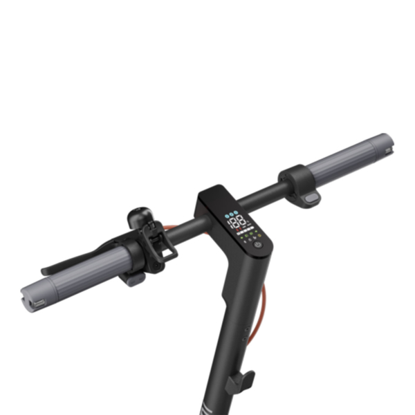 Close-up of Xiaomi 5 Pro electric scooter handlebar with digital dashboard and thumb throttle.