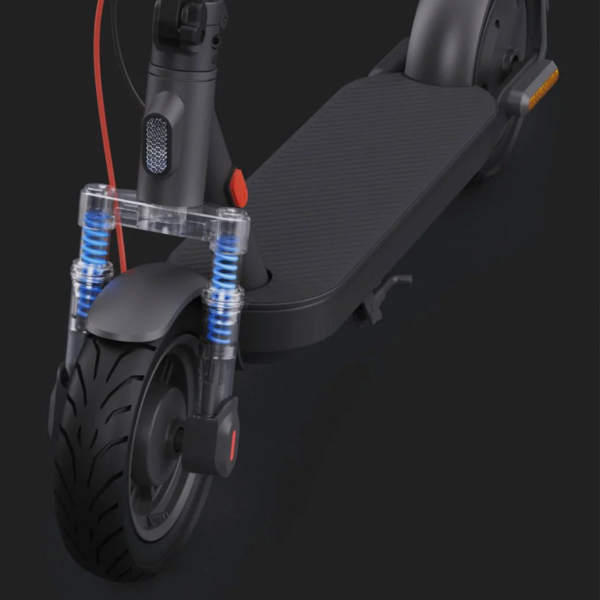Close-up of Xiaomi 5 Elite electric scooter front suspension with dual shock absorbers and detailed front tire view.