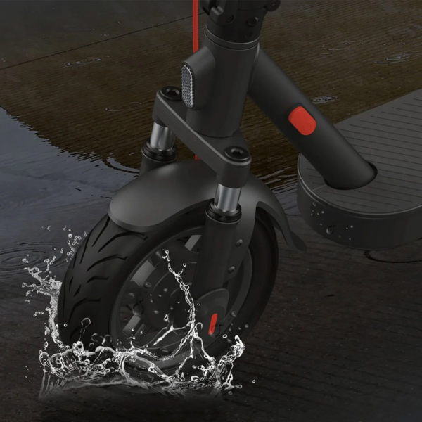 Xiaomi 5 Elite electric scooter front wheel splashing through water, illustrating IP-rated water resistance.