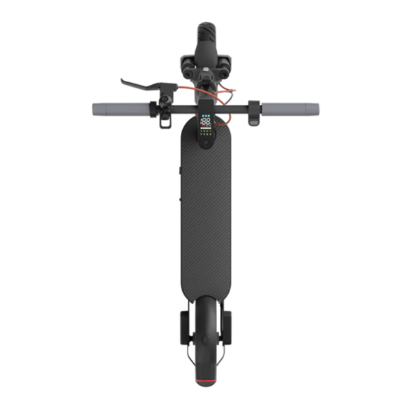 Electric scooter Xiaomi 5 from above - wide anti-slip deck and compact folding mechanism