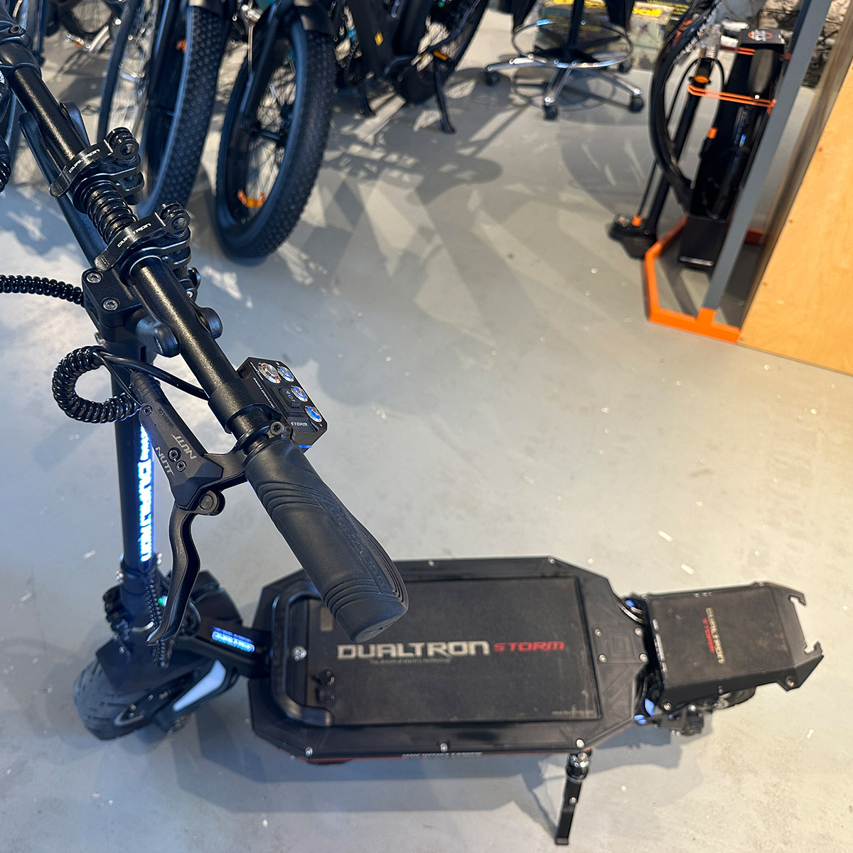 Top view of used Dualtron Storm electric scooter showing worn deck and overall condition
