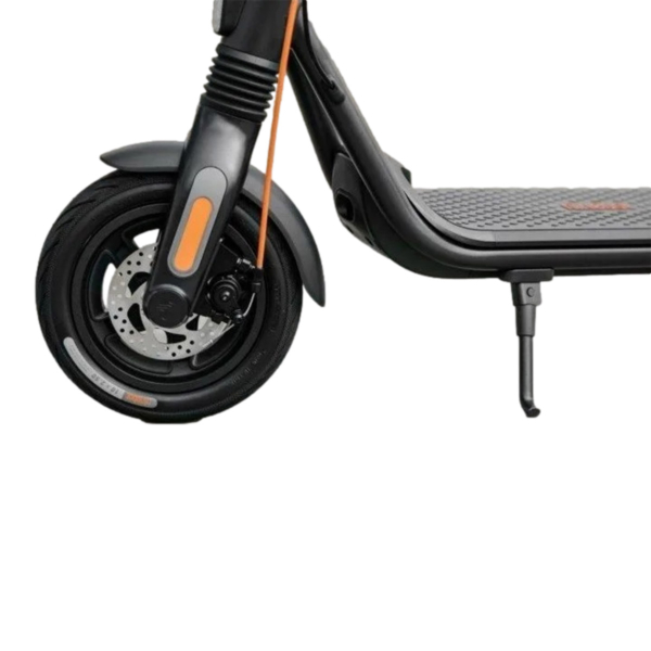Close-up of Segway F2 Pro E front wheel with disc brake, fender, and suspension detail.