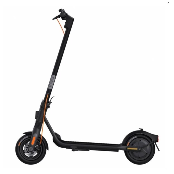 Side view of Segway F2 Pro E electric scooter showing full frame, integrated wiring, and rear motor hub.