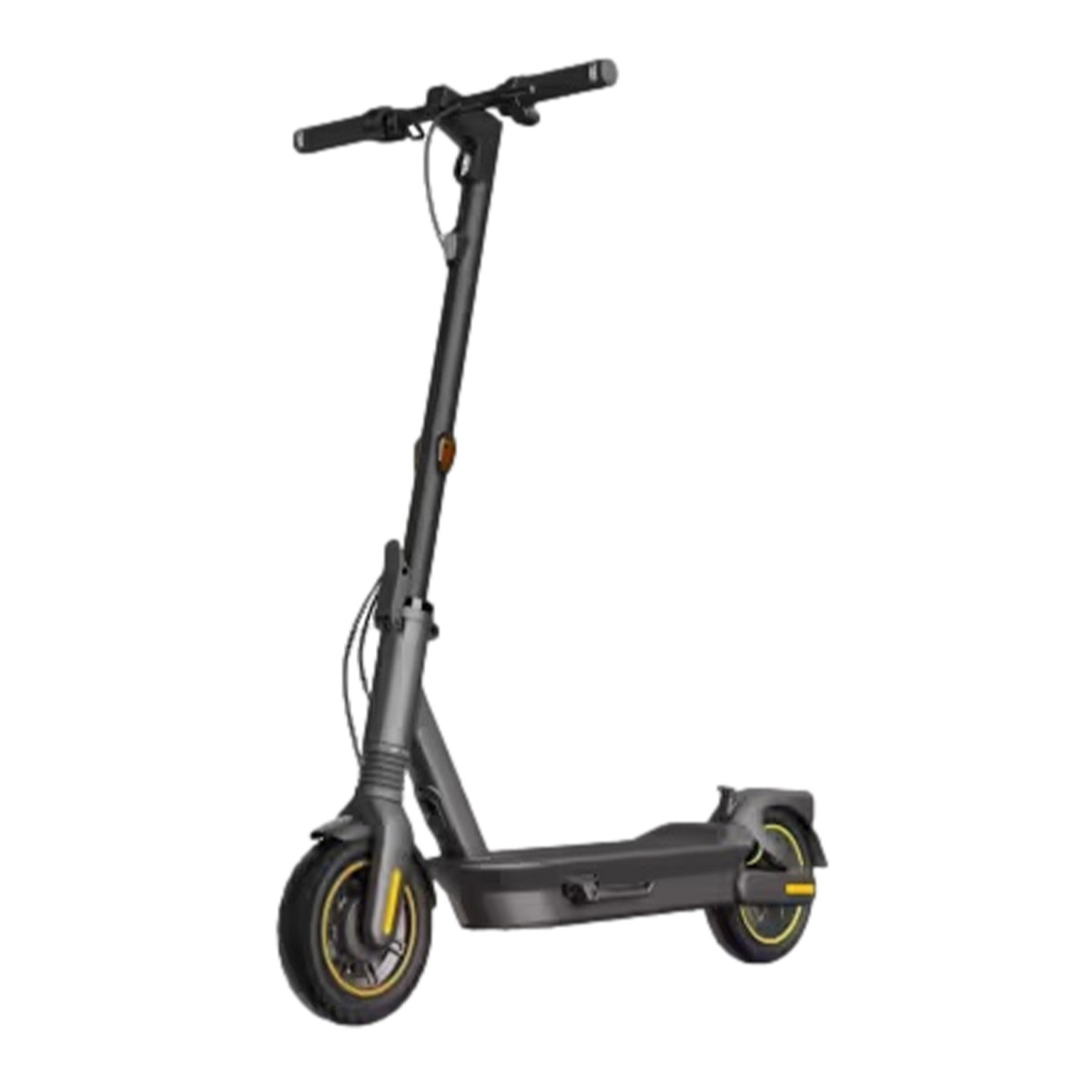 Front left view of Segway Max G2 electric scooter highlighting front suspension and LED lighting.