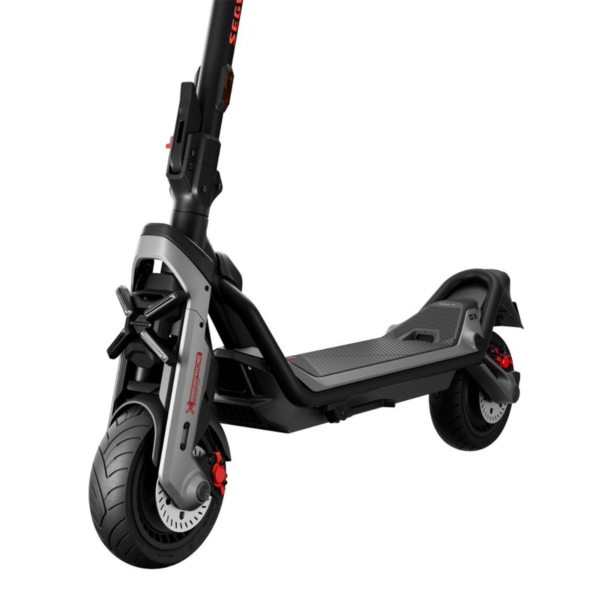 Close-up of Segway GT3 electric scooter front wheel with hydraulic disc brake and sport tire.