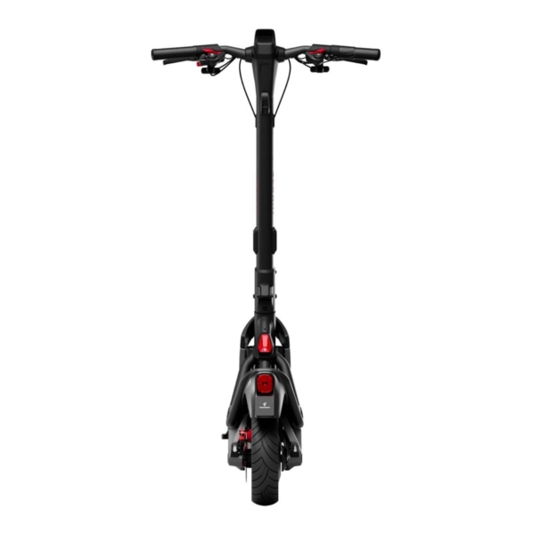 Rear view of Segway GT3 electric scooter showcasing wide deck, taillights, and rear suspension.