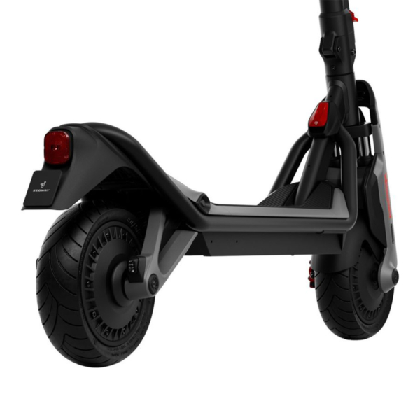 Detailed shot of Segway GT3 rear wheel, performance tire, and advanced hydraulic suspension system.