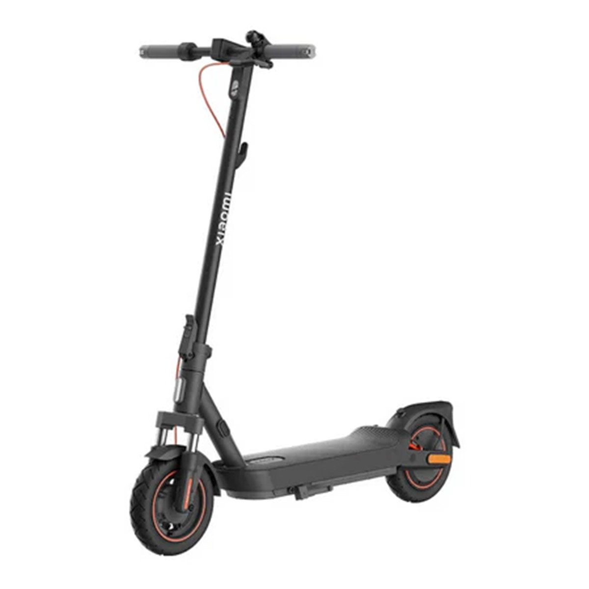 Xiaomi Electric Scooter 5 Max front-left angled view showing telescopic suspension, wide tires, and ergonomic handlebar design.