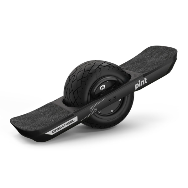 Electric unicycle Onewheel Pint S in dynamic action on an urban road, featuring its sleek design, wide tire, and LED lights, ideal for commuting or fun rides in the city.