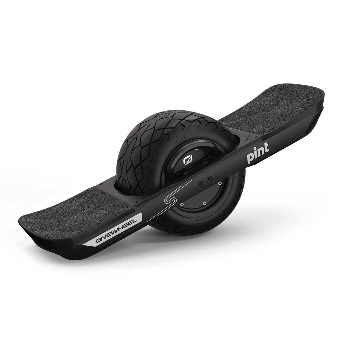 Electric unicycle Onewheel Pint S in dynamic action on an urban road, featuring its sleek design, wide tire, and LED lights, ideal for commuting or fun rides in the city.