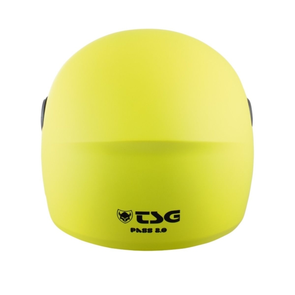 Back view of TSG Pass 2.0 Helmet in Acid Yellow with logo and aerodynamic design