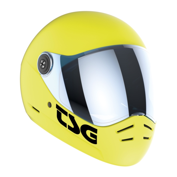 TSG Pass 2.0 Full-Face Helmet in Acid Yellow with mirrored visor and ventilation slits