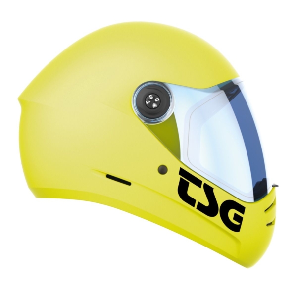 Side view of TSG Pass 2.0 Helmet in Acid Yellow showing visor hinge and bold TSG branding