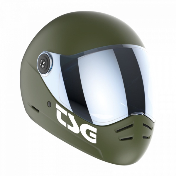 TSG Pass 2.0 Helmet in Satin Olive with white TSG branding and mirrored visor for urban riding