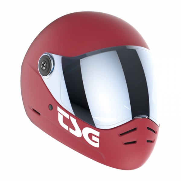 TSG Pass 2.0 Helmet in Satin Gentle Red with white logo and aerodynamic full-face visor