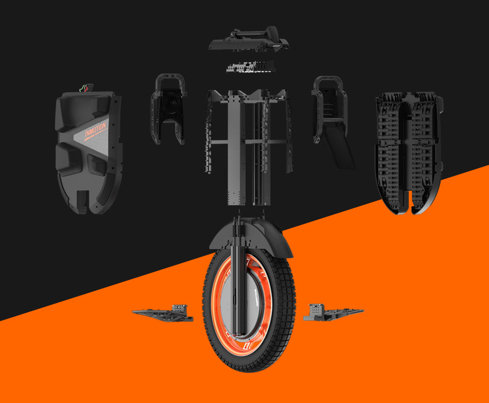 Electric unicycle Inmotion V13 Challenger modular design illustration, showing detachable frame components and serviceable structure.