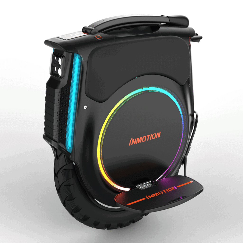 Inmotion V12 -sähköyksipyörä vasemmasta kulmasta kuvattuna, polkimet avattuina.