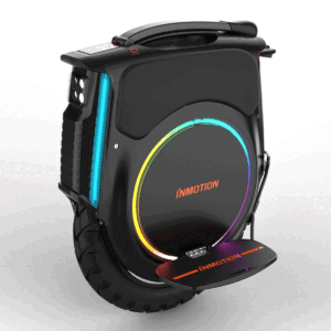 Inmotion V12 elektrilise üksratta vasak külg nurga alt vaade lahtiste pedaalidega.