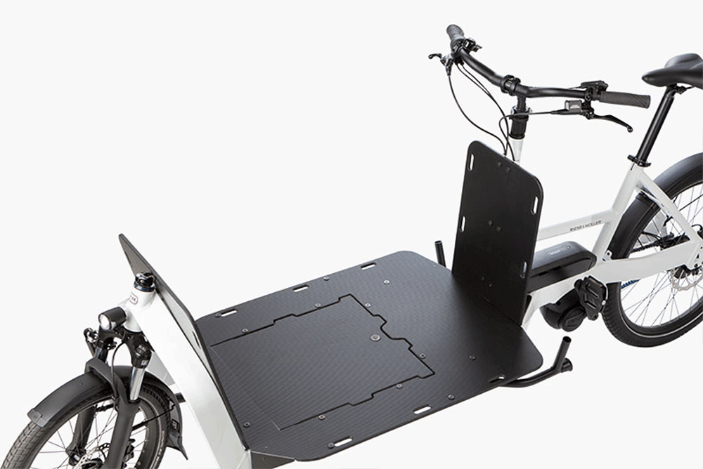 Top view of white Riese & Müller Transporter 85 electric cargo bike without front-loading box.