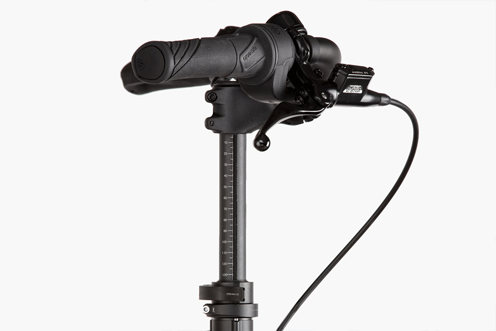 Closeup view of the adjustable handlebar system of the Riese & Müller Transporter 85 electric cargo bike.