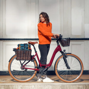 Woman standing next to a burgundy Riese & Müller Swing step-through e-bike with basket and panniers