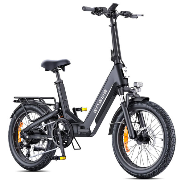 Front side view of the black ENGWE L20 3.0 Boost electric bike.