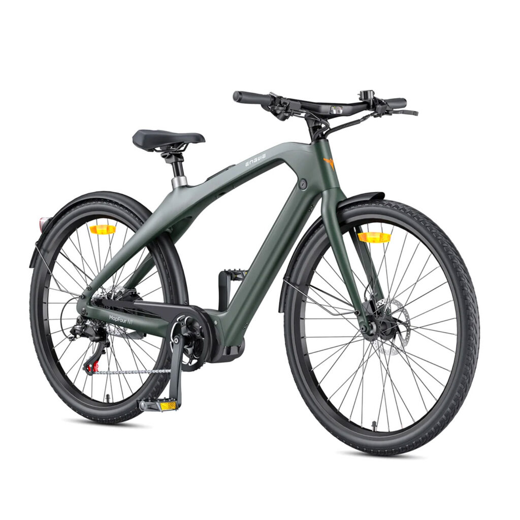 Front side angled view of the green ENGWE Mapfour N1 Air Pro electric bike.