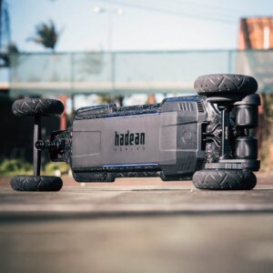 Image of the Evolve Hadean Bamboo Electric Skateboard lying on the side.