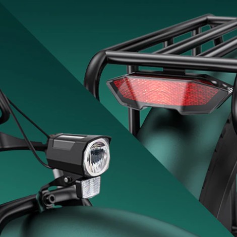 Close-up of the Engwe Engine PRO 2.0 electric bicycle's headlight and taillight.