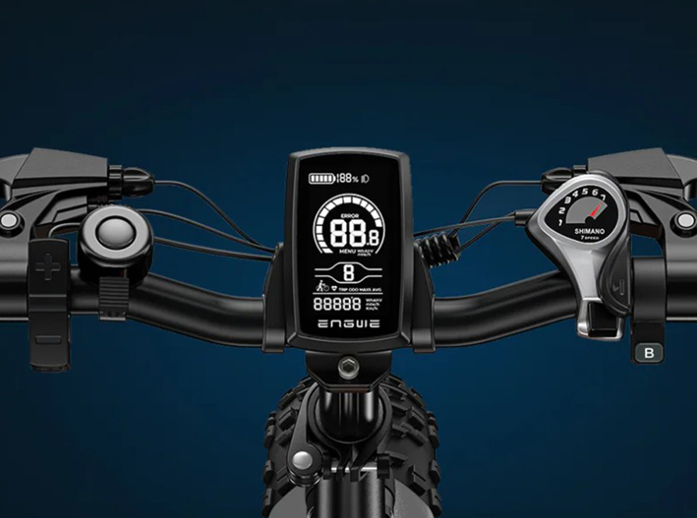 Engwe EP-2 Boost display Close-up of the orange Engwe EP-2 Boost electric bicycle's display.