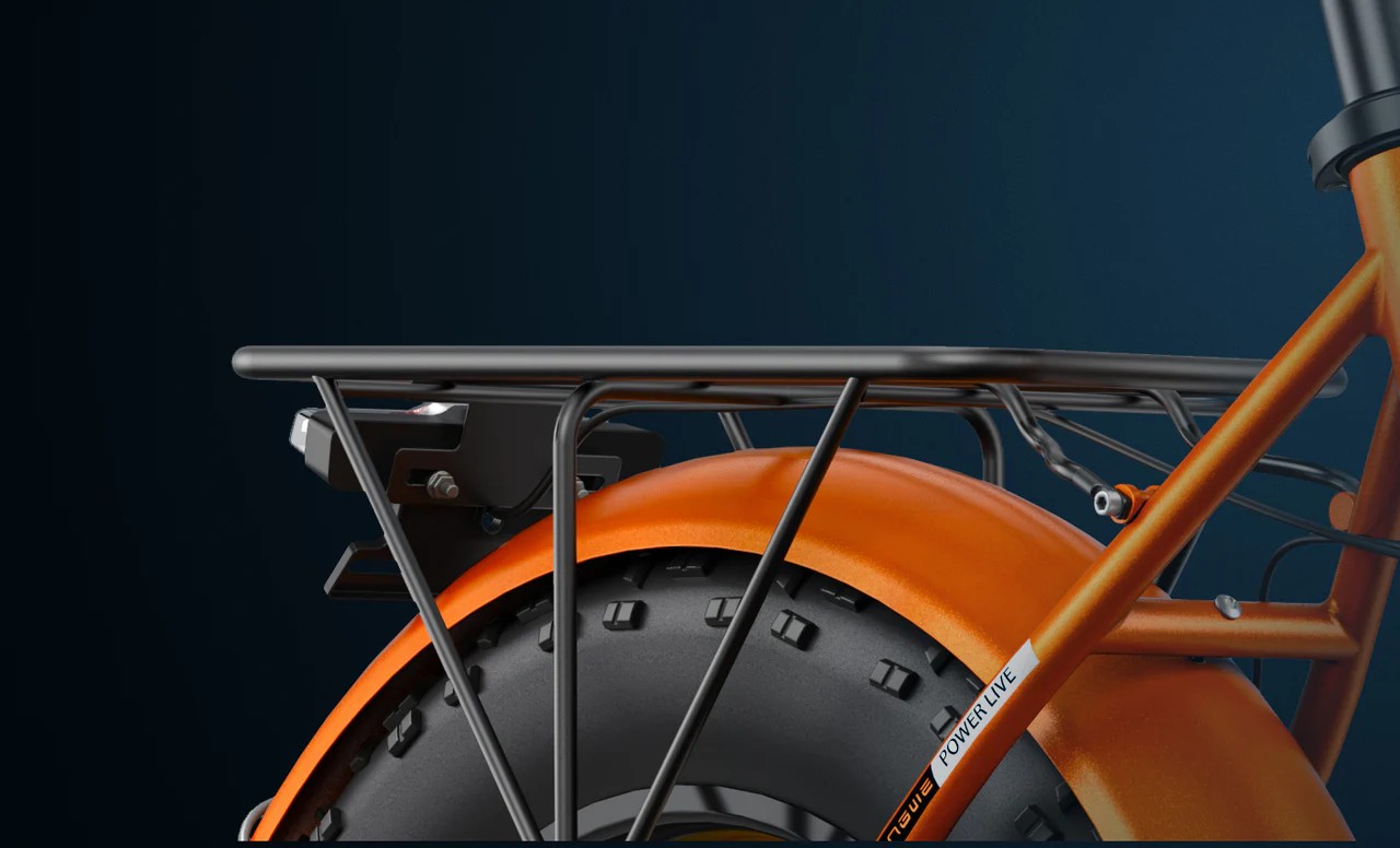 Close-up of the orange Engwe EP-2 Boost electric bicycle's rear rack.