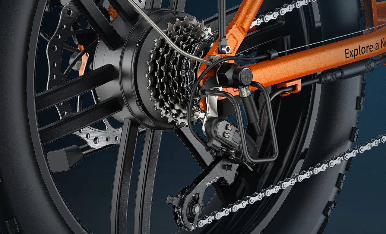 Close-up of the orange Engwe EP-2 Boost electric bicycle's Shimano gear shifter.