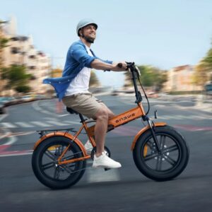 Man riding the Engwe EP-2 Boost electric bicycle on the city street wearing a helmet.