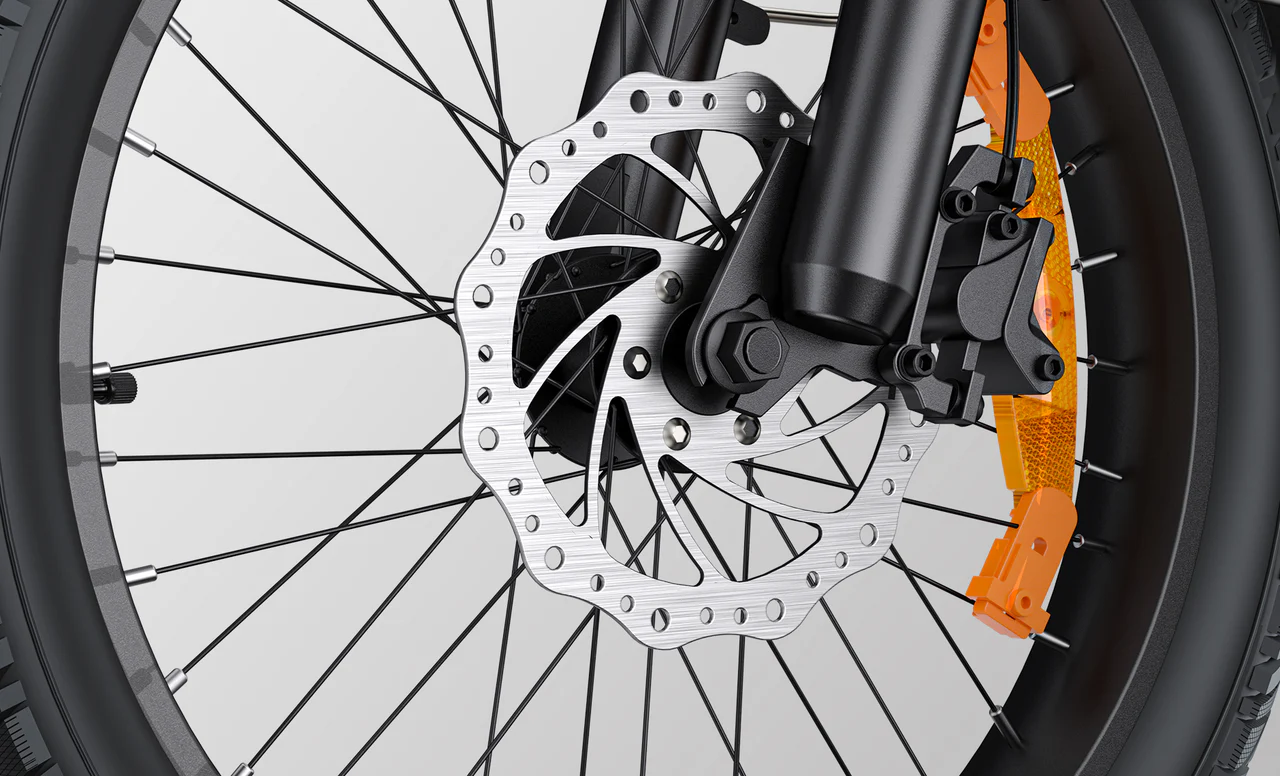 Close-up of the Engwe L20 3.0 Boost electric bicycle's hydraulic brakes.