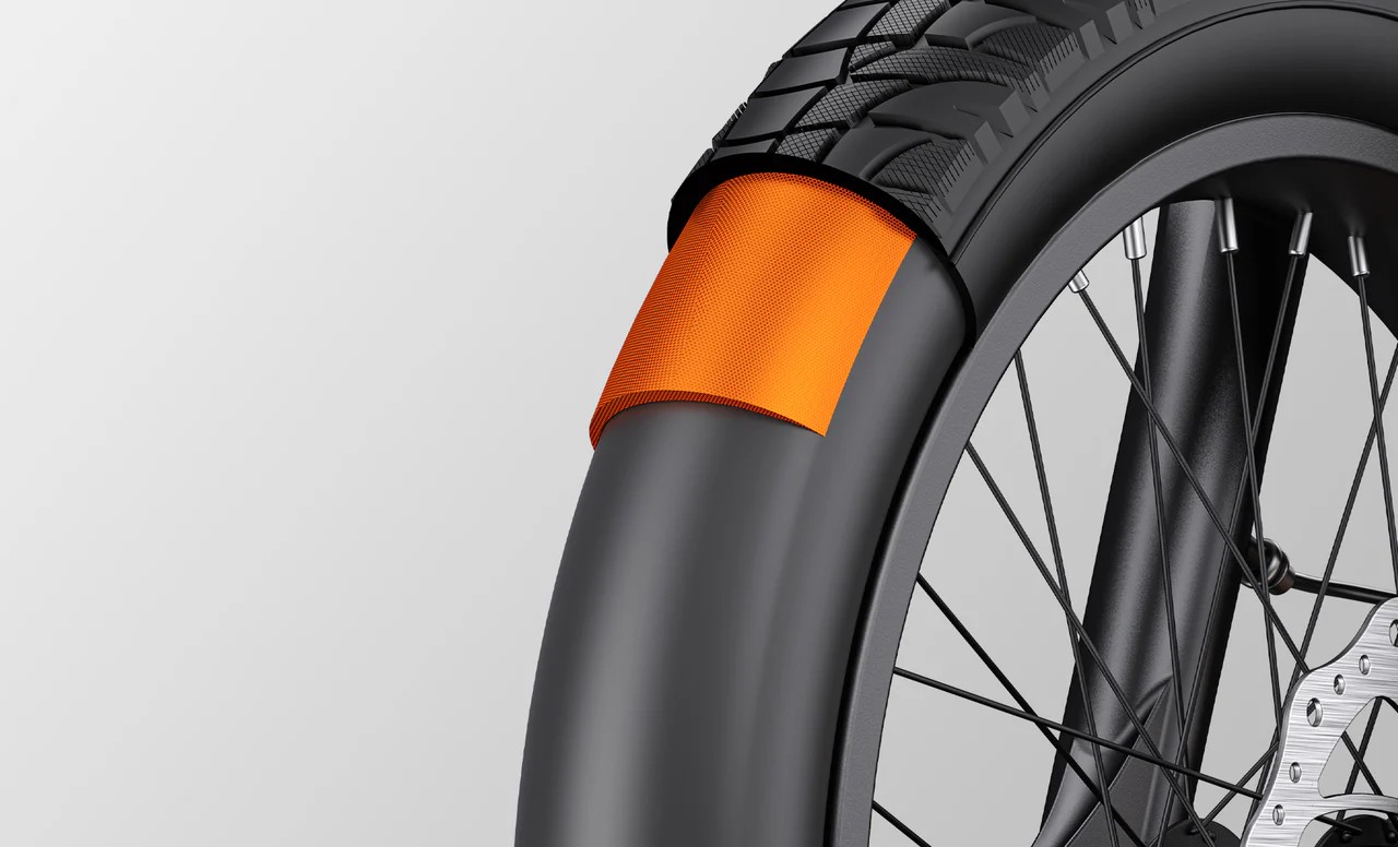 Close-up of the Engwe L20 3.0 Boost electric bicycle's puncture proof tyre.