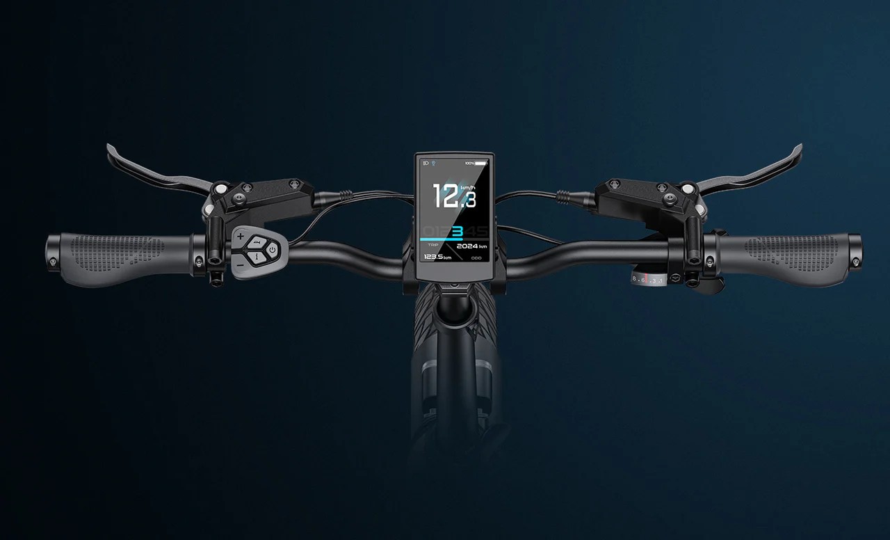 Close-up of the Engwe L20 3.0 Pro electric bicycle's handlebar and display.