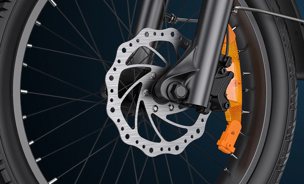 Close-up of the Engwe L20 3.0 Pro electric bicycle's hydraulic brakes.