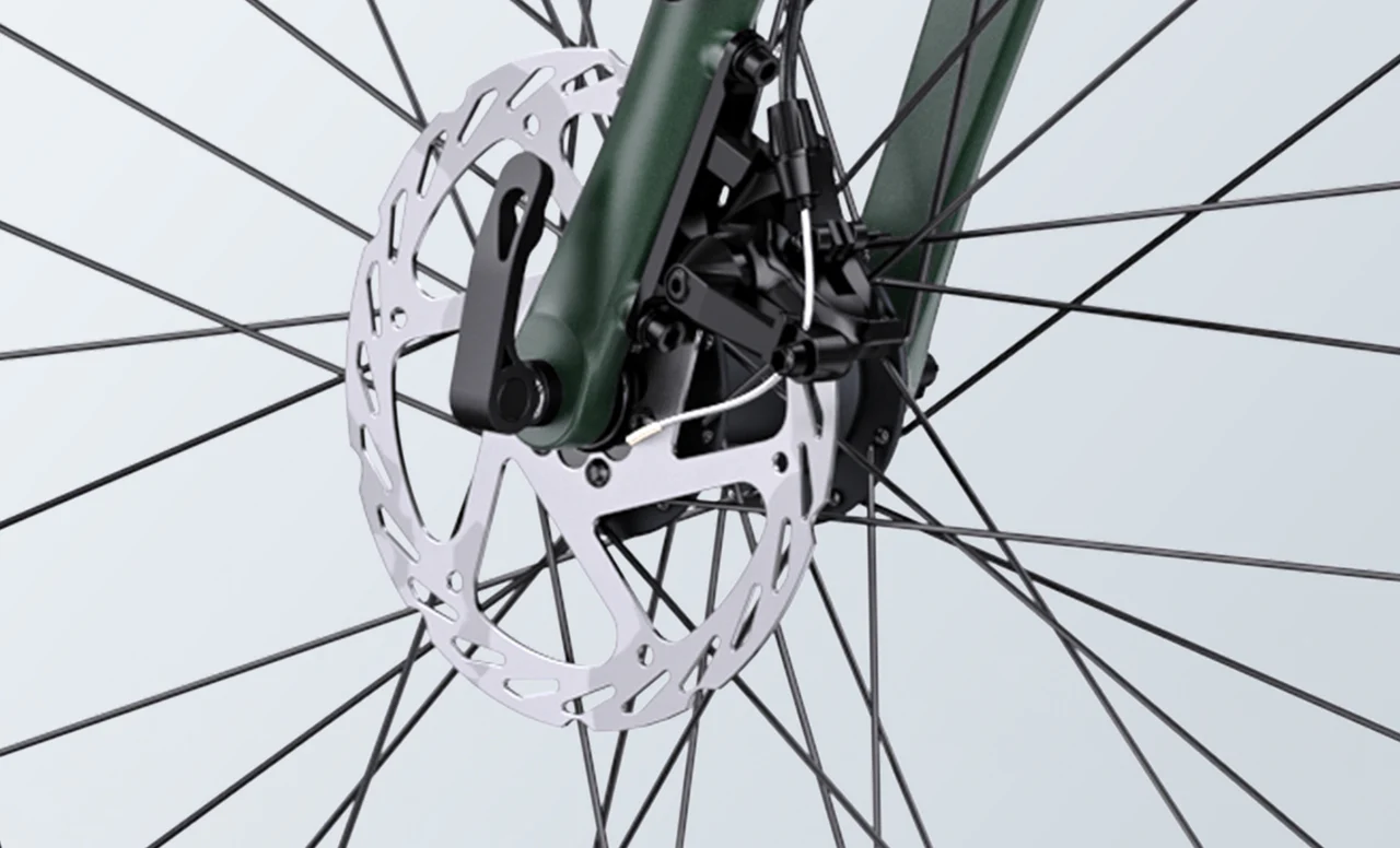 Close-up of the green Engwe Mapfour N1 Air electric bicycle's brakes.