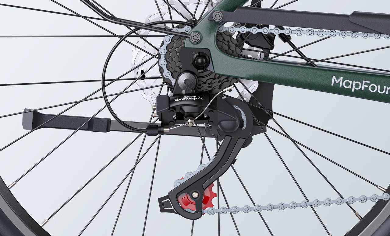 Close-up of the green Engwe Mapfour N1 Air electric bicycle's shimano gear shifter.