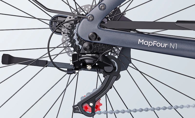 Close-up of the Engwe Mapfour N1 Pro electric bicycle's Shimano gear shifter.