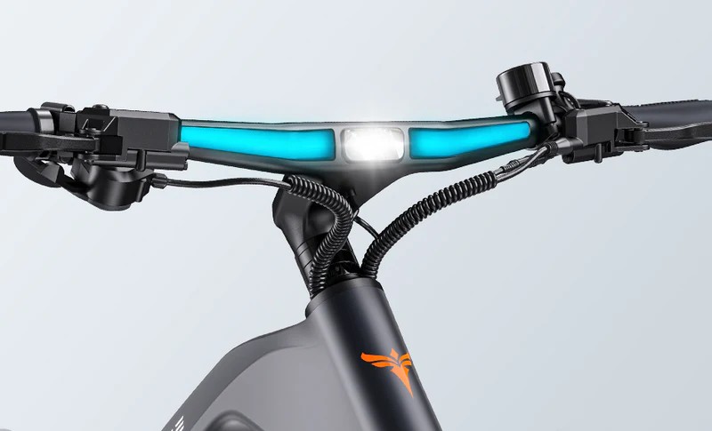 Close-up of the Engwe Mapfour N1 Pro electric bicycle's smart lighting system.