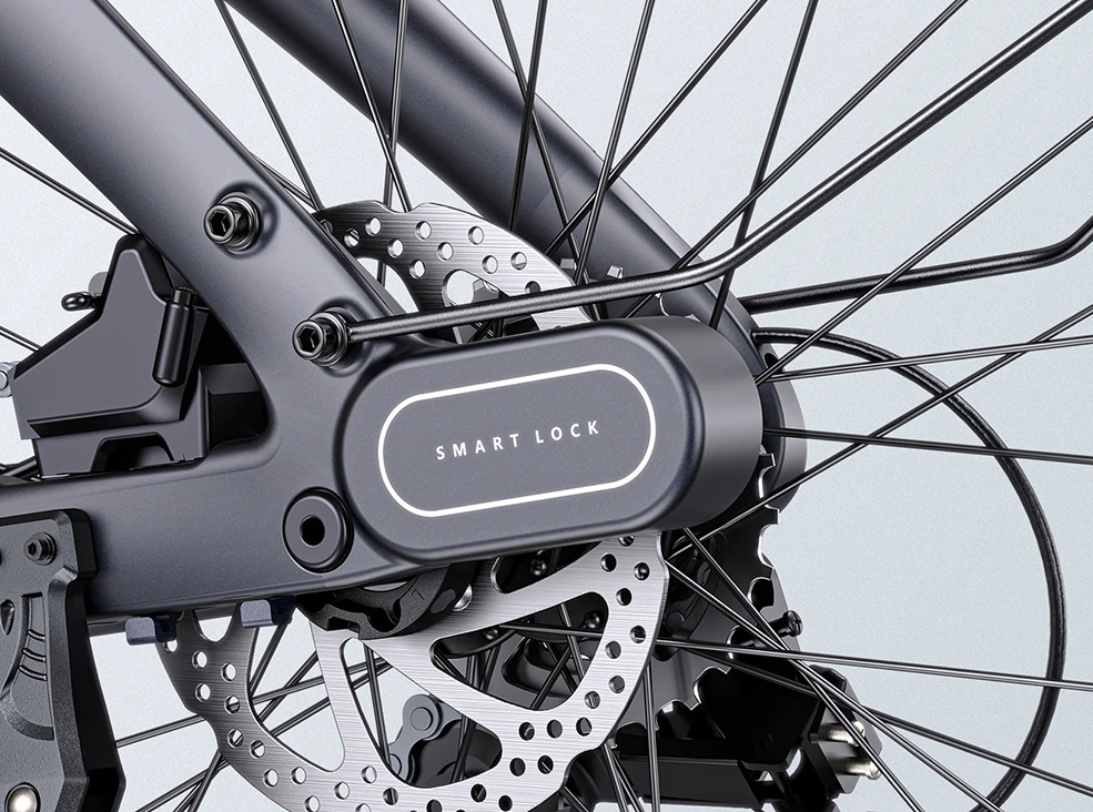 Close-up of the Engwe Mapfour N1 Pro electric bicycle's smart lock system.