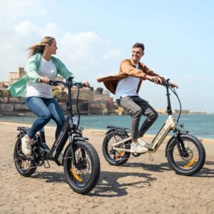 Couple riding their Engwe L20 3.0 Boost electric bicycles on the pier.