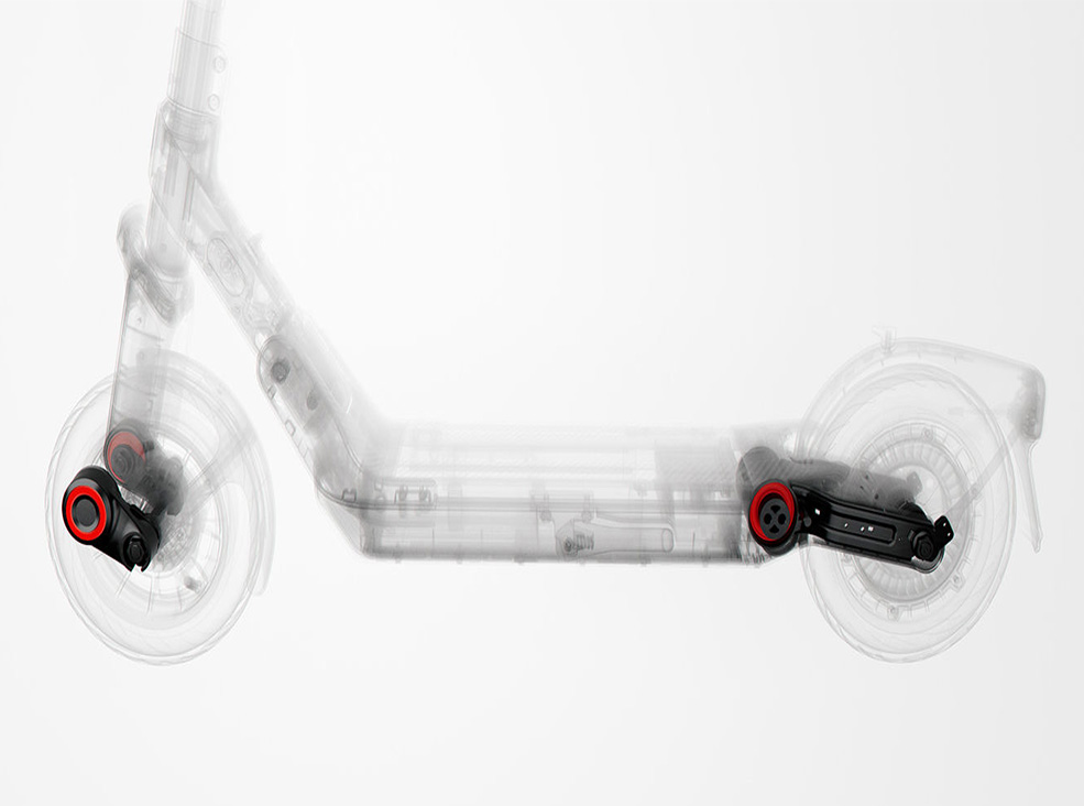 Segway-Ninebot E3 Pro E suspension Transparent side view of a Segway-Ninebot E3 Pro electric scooter revealing its internal frame and suspension layout.