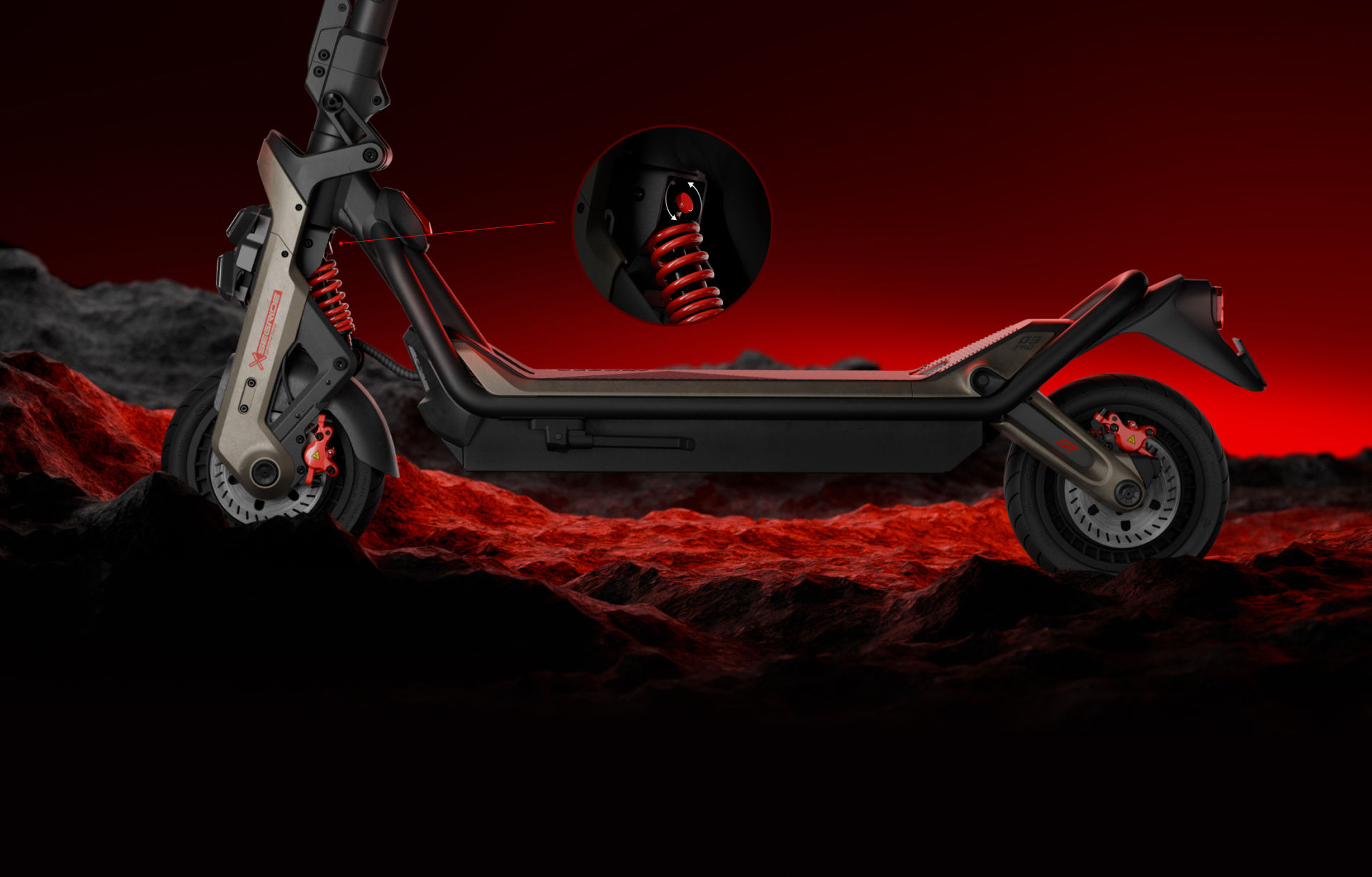 Illustrative image showing the Segway-Ninebot GT3 Pro electric scooter's hydraulic suspension.