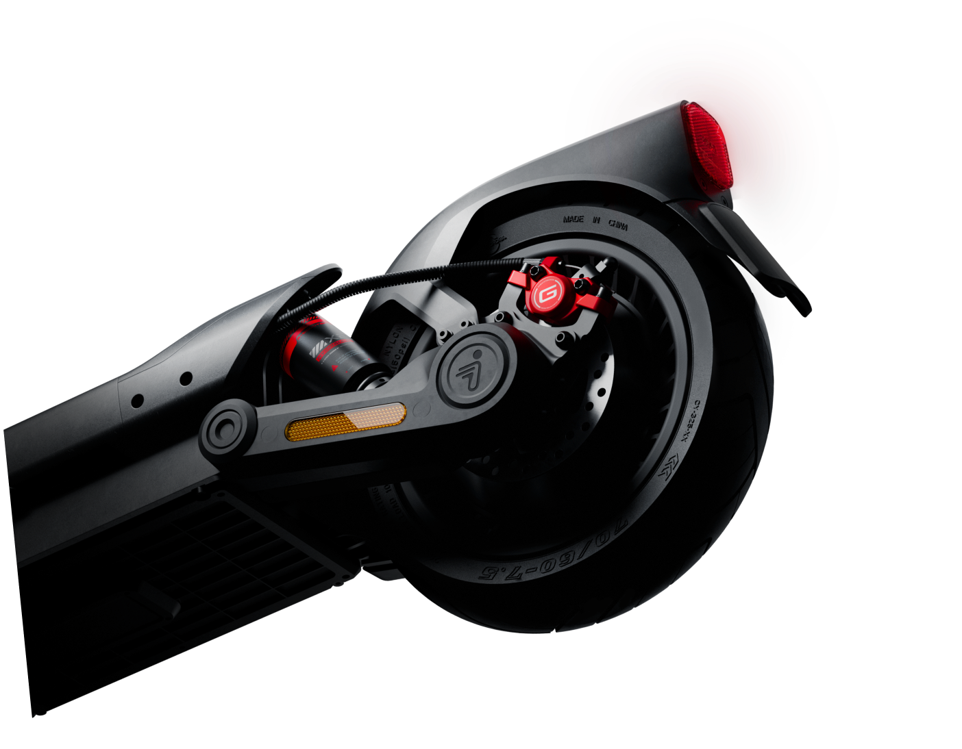 Close-up of the Segway-Ninebot MAX G3 E electric scooter's rear suspension.