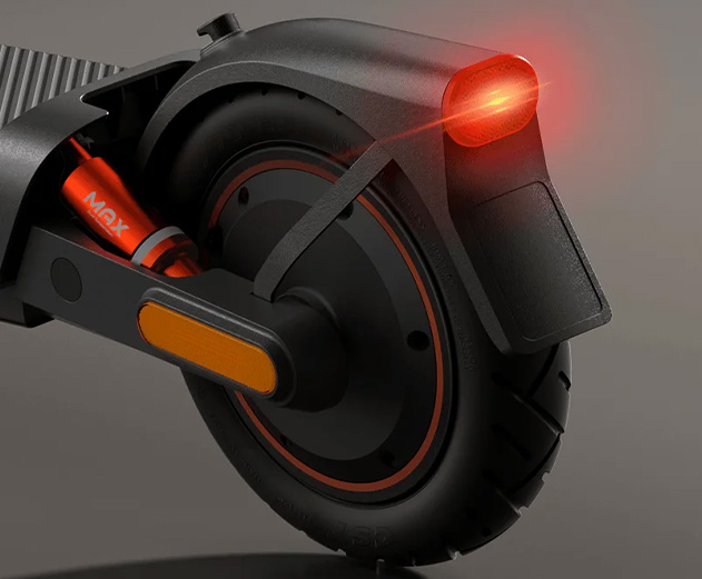 Close-up of the Xiaomi 5 Max electric scooter's taillight.