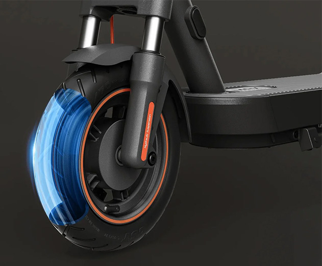 Close-up of the Xiaomi 5 Max electric scooter's tubeless tires