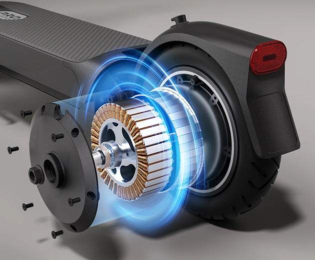 Close-up of the Xiaomi 5 Pro electric scooter's rear motor.