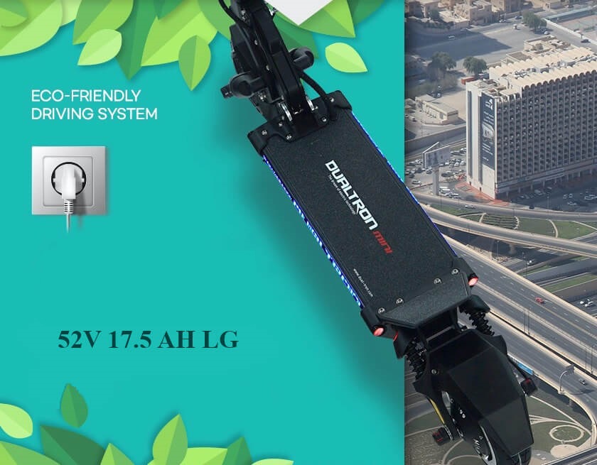 Dualtron Mini Dual Brake eco friendly driving system Top-down view of a Dualtron Mini Dual Brake electric scooter positioned against a split background showing a green eco-themed design on one side and a cityscape with roads and buildings on the other.